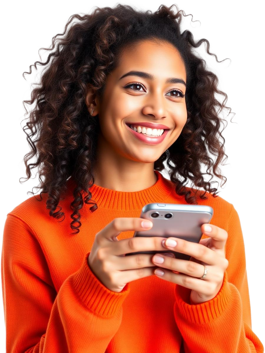 Mulher sorrindo segurando um celular